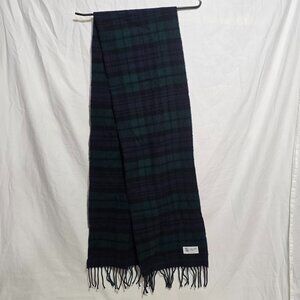 Johnstons of Elgin Made in Scotland Wool Scarf Blue Black Green Plaid 9 3/4"x68"